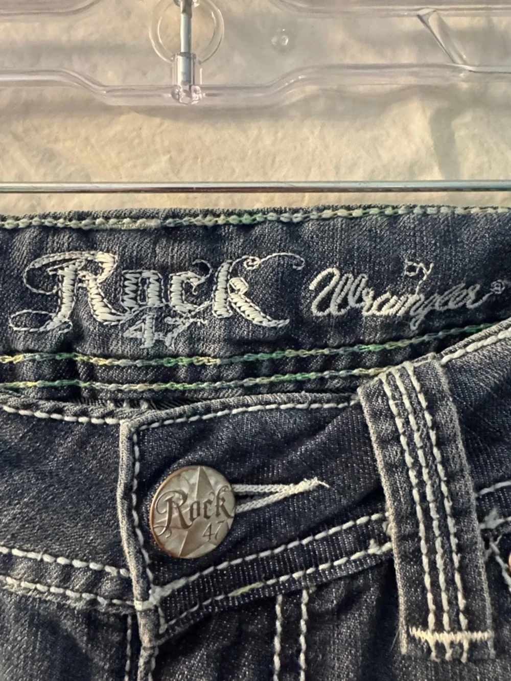 Wrangler Rock 47 Western Dark Blue Denim Long Shorts with White Stitching